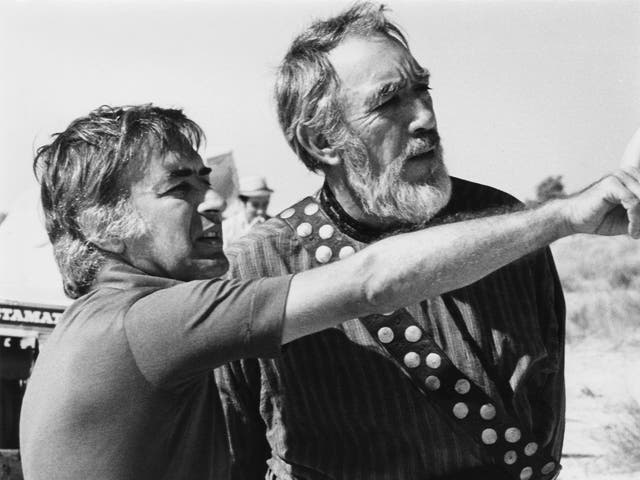 Moustapha Akkad, left, with Anthony Quinn during filming of The Message in 1976