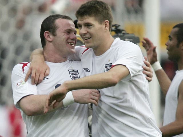 <p>Wayne Rooney (left) and Steven Gerrard celebrate England’s victory over Trinidad  and Tobago at the 2006 World Cup in Germany</p>
