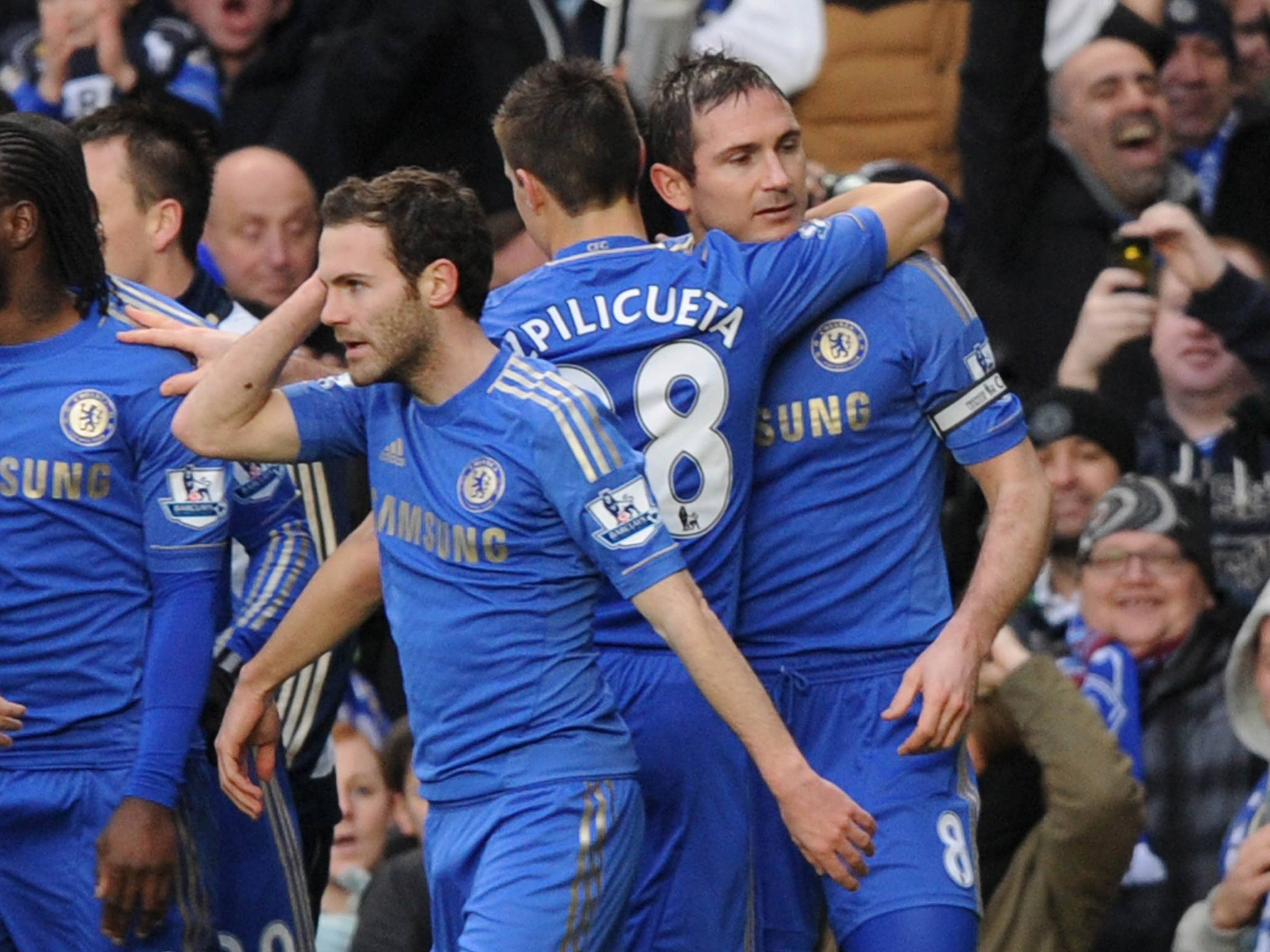 Frank Lampard celebrates his goal for Chelsea against West Ham