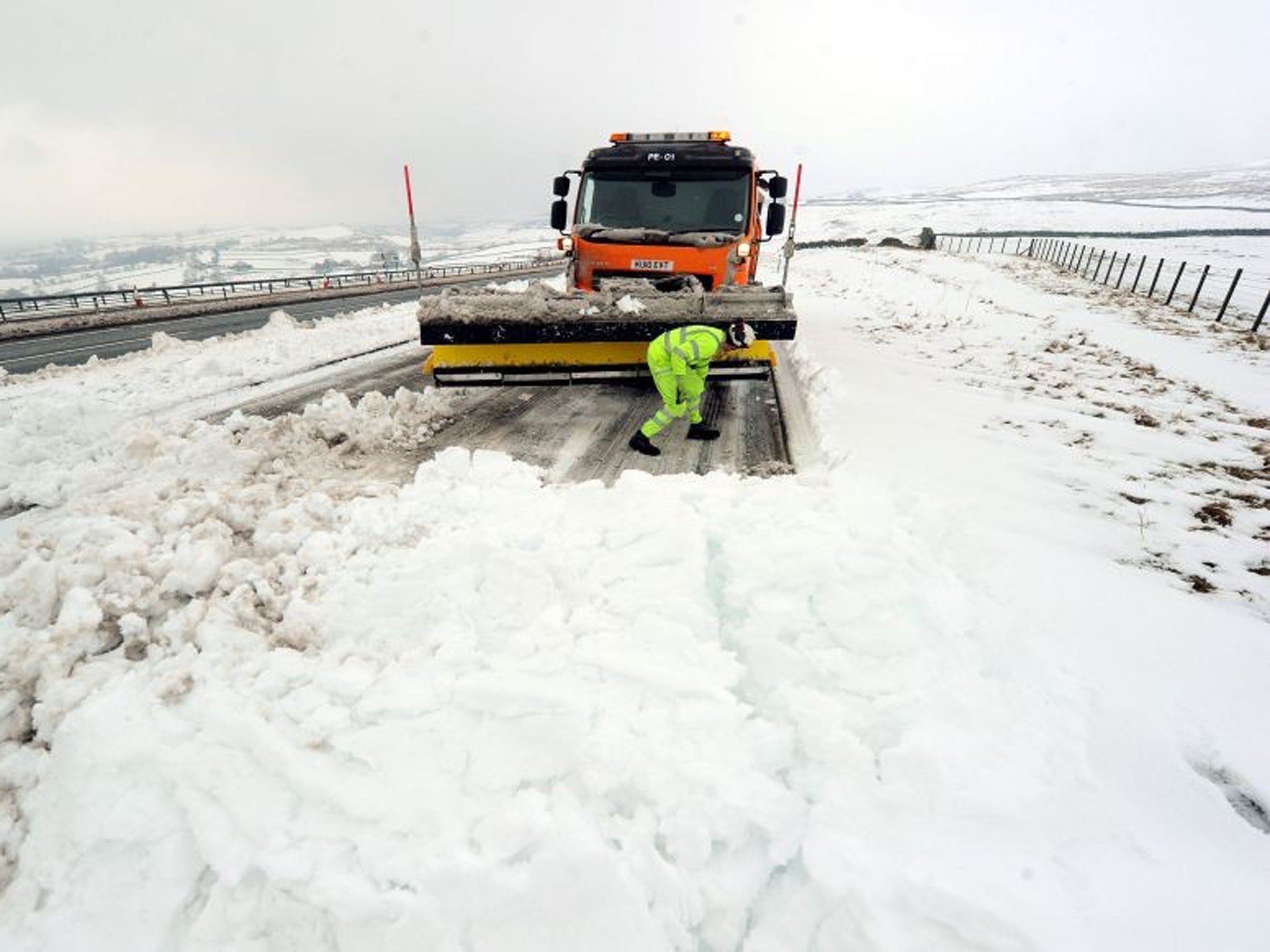 A snow plough clears the A66 near Bowes where the road was closed for several hours due to heavy snow as forecasters have warned that another cold snap is on its way