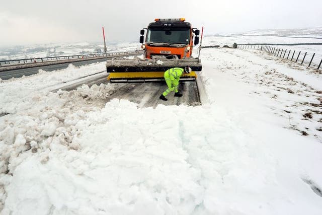 A snow plough clears the A66 near Bowes where the road was closed for several hours due to heavy snow as forecasters have warned that another cold snap is on its way 