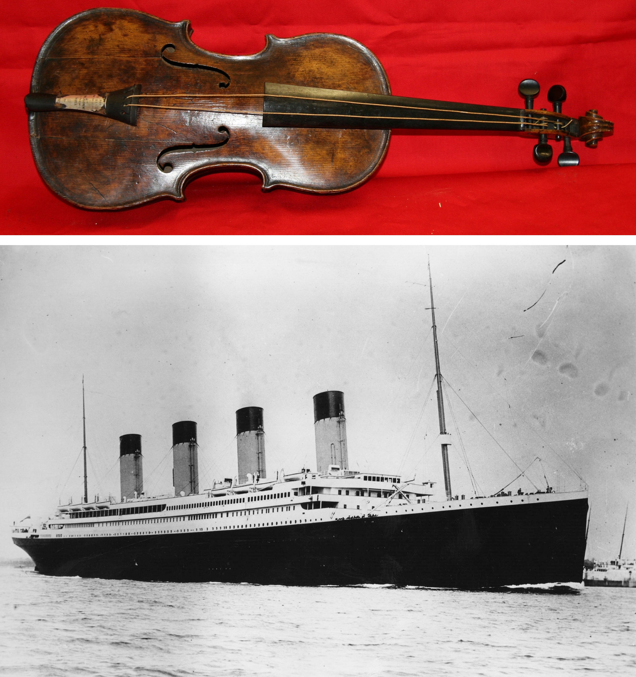 Top: the instrument alleged to have belonged to Titanic band leader Wallace Hartley who died when the ship sank. Bottom: the ocean liner which sank on its maiden voyage after hitting and iceberg