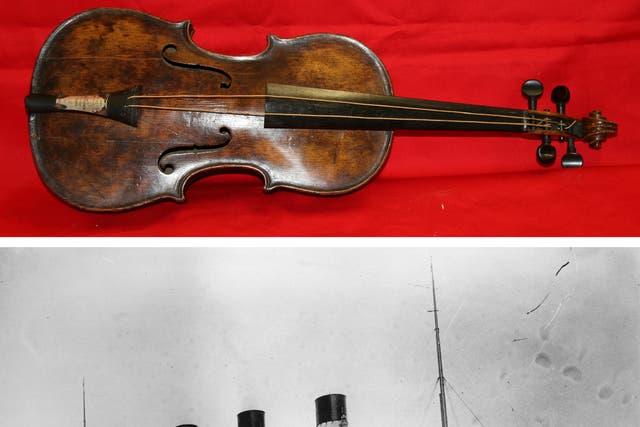 Top: the instrument alleged to have belonged to Titanic band leader Wallace Hartley who died when the ship sank. Bottom: the ocean liner which sank on its maiden voyage after hitting and iceberg