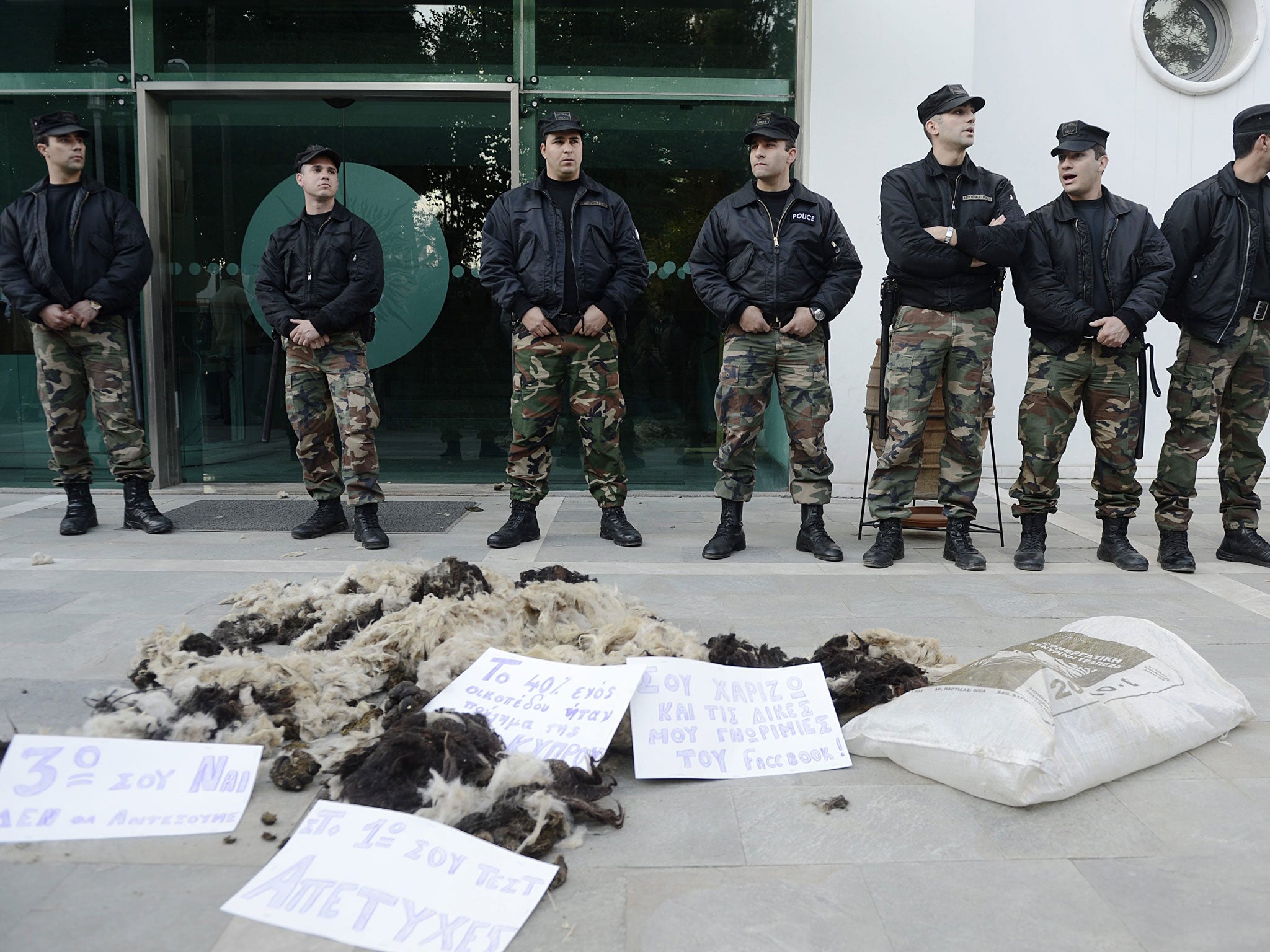 Sheared wool symbolising the cuts outside the Cypriot Parliament
