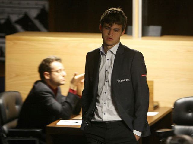 Magnus Carlsen at The World Chess Championship in London yesterday 