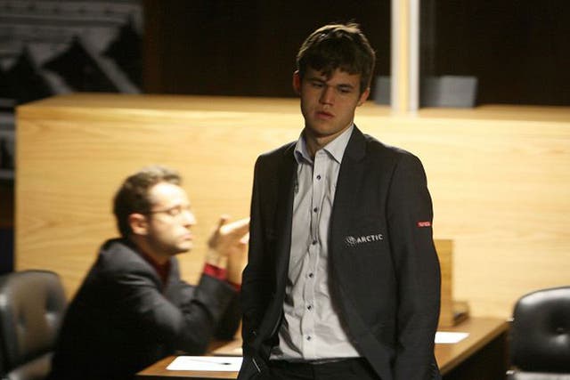 Magnus Carlsen at The World Chess Championship in London yesterday 