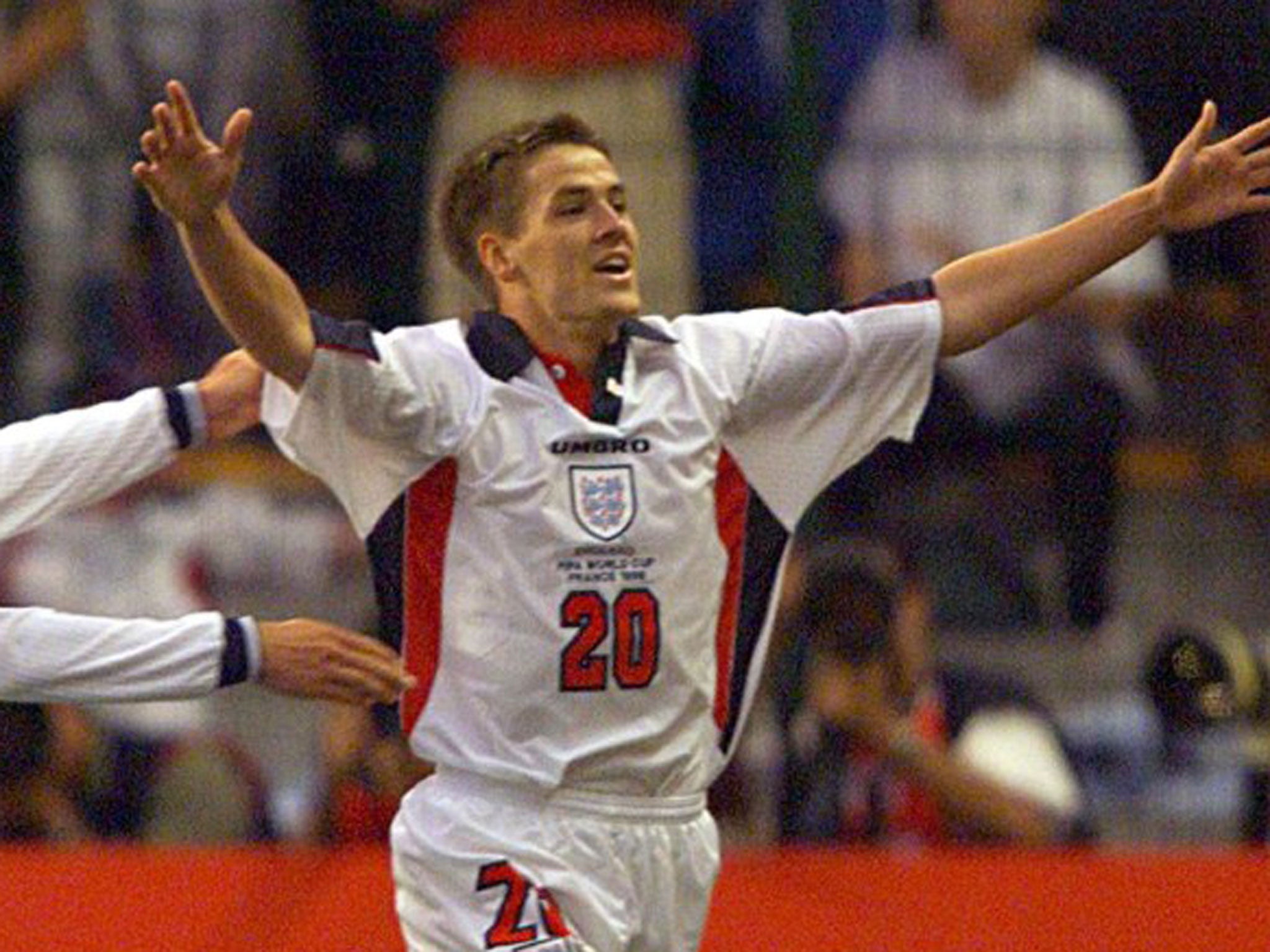 Michael Owen scores against Argentina at the 1998 World Cup