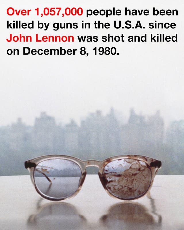 An image tweeted by Yoko Ono of John Lennon's bloodspattered glasses 33 years after his death