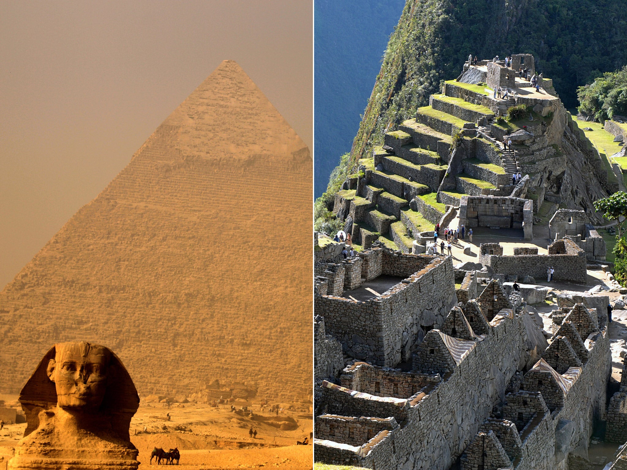 The Pyramids of Giza in Egypt (left) and Machu Pichu in Peru
