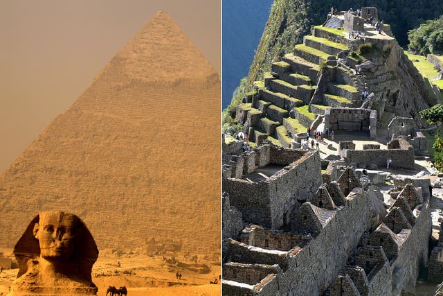 The Pyramids of Giza in Egypt (left) and Machu Pichu in Peru