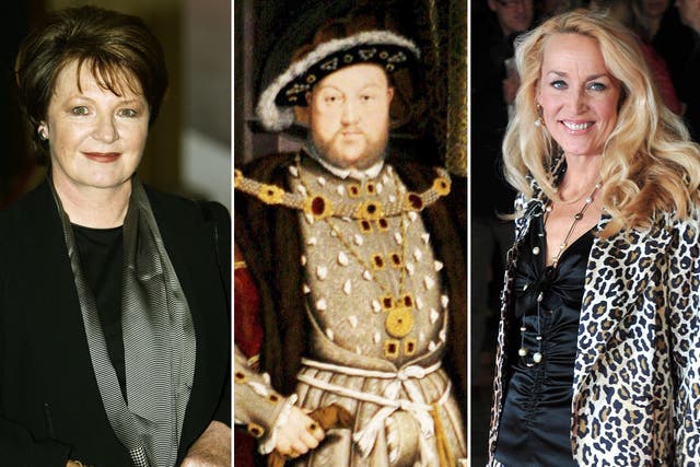 Henry VIII, centre, and 'wives' Delia Smith, left, and Jerry Hall
