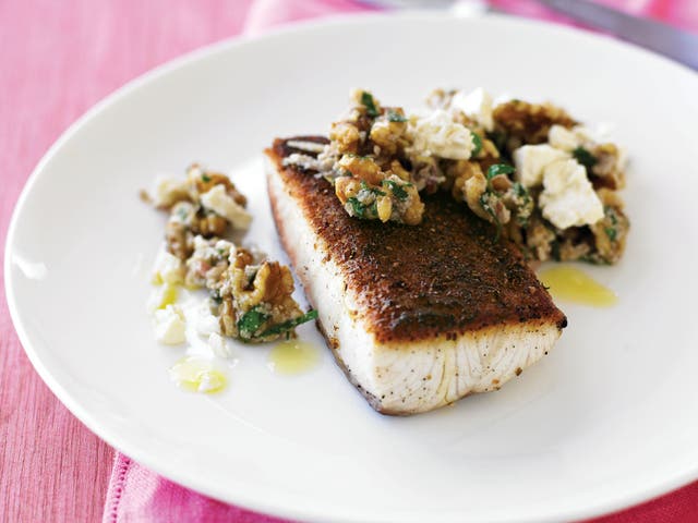 Spice-crusted skillet fish with walnut pesto