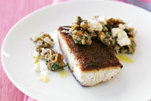 Spice-crusted skillet fish with walnut pesto