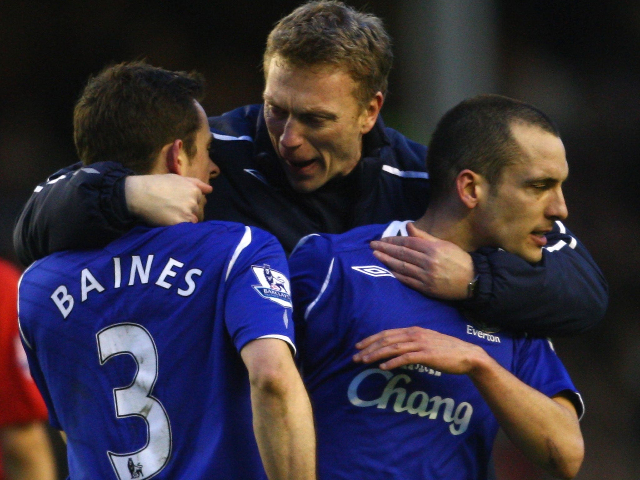 Always there for Everton: David Moyes with Leighton Baines and Leon Osman
