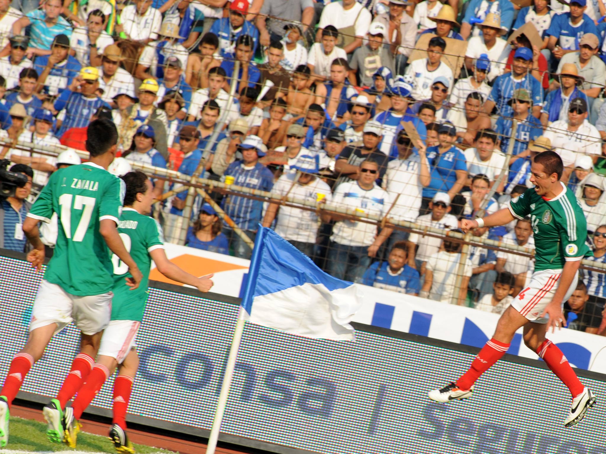 Javier Hernandez celebrates a goal for Mexico