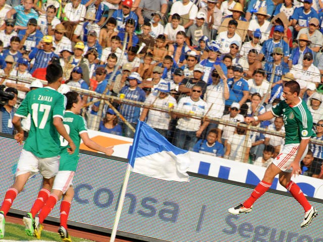 Javier Hernandez celebrates a goal for Mexico