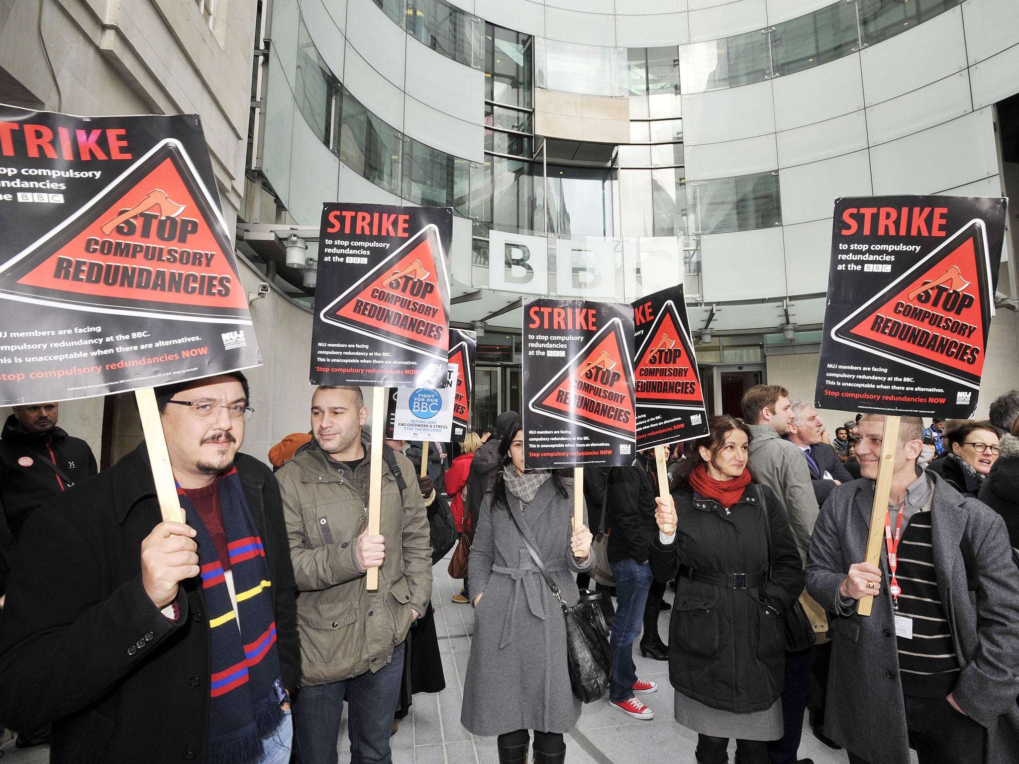 BBC journalists and technical staff on strike outside the BBC offices in central London