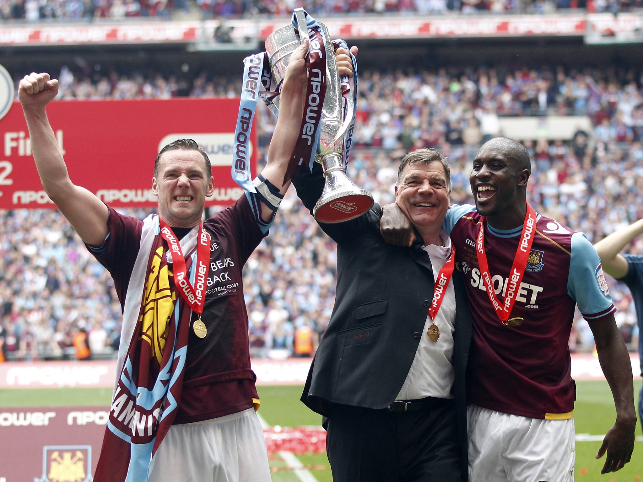 Kevin Nolan, Sam Allardyce and Carlton Cole after West Ham’s 2012 Championship play-off final win