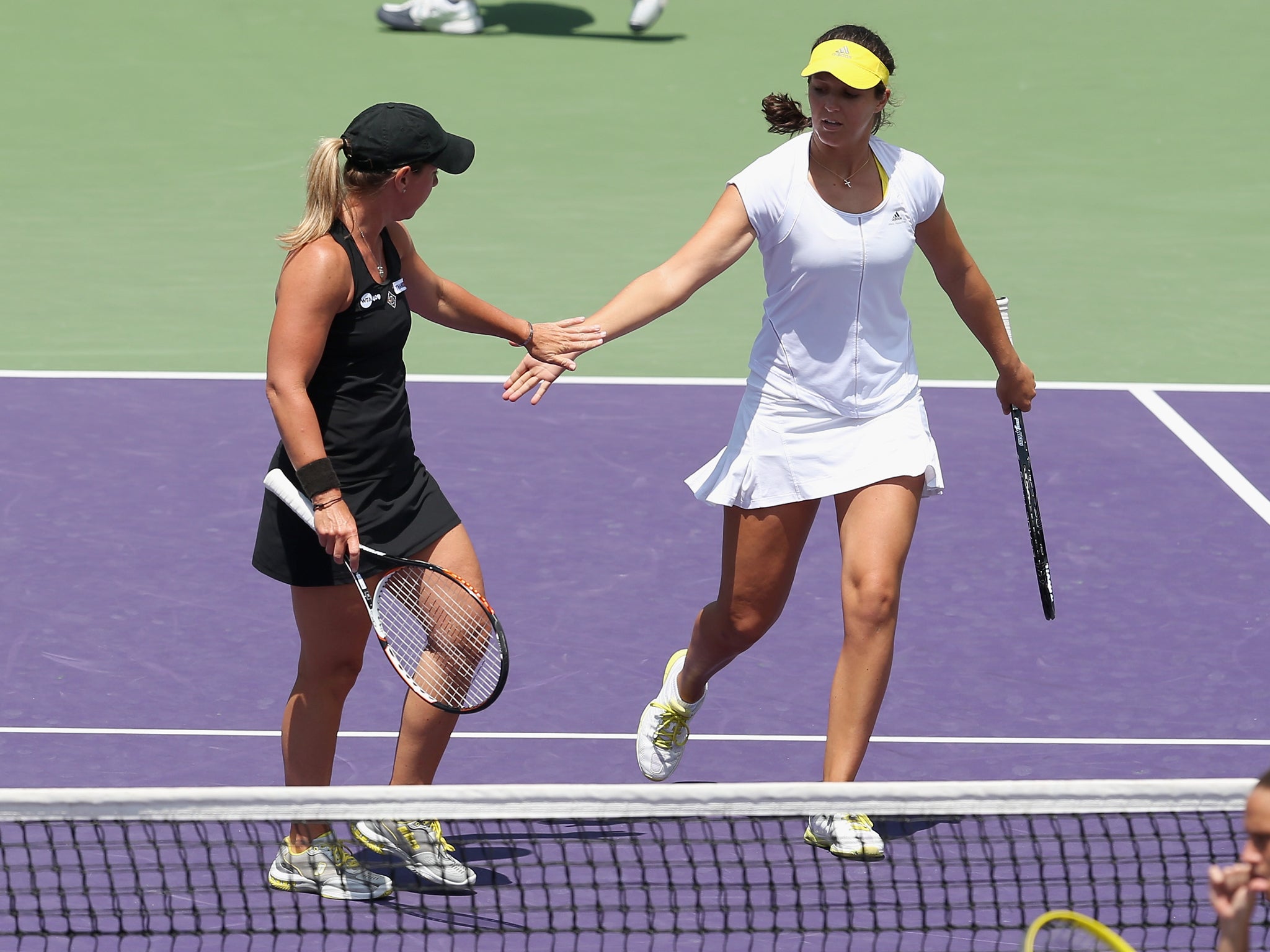 Lisa Raymond and Laura Robson (right) play in the Miami Masters women’s doubles final tomorrow