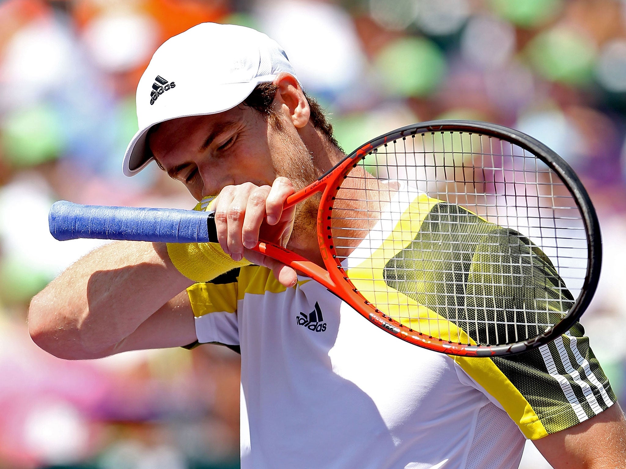 Andy Murray of Great Britain wipes his face between points