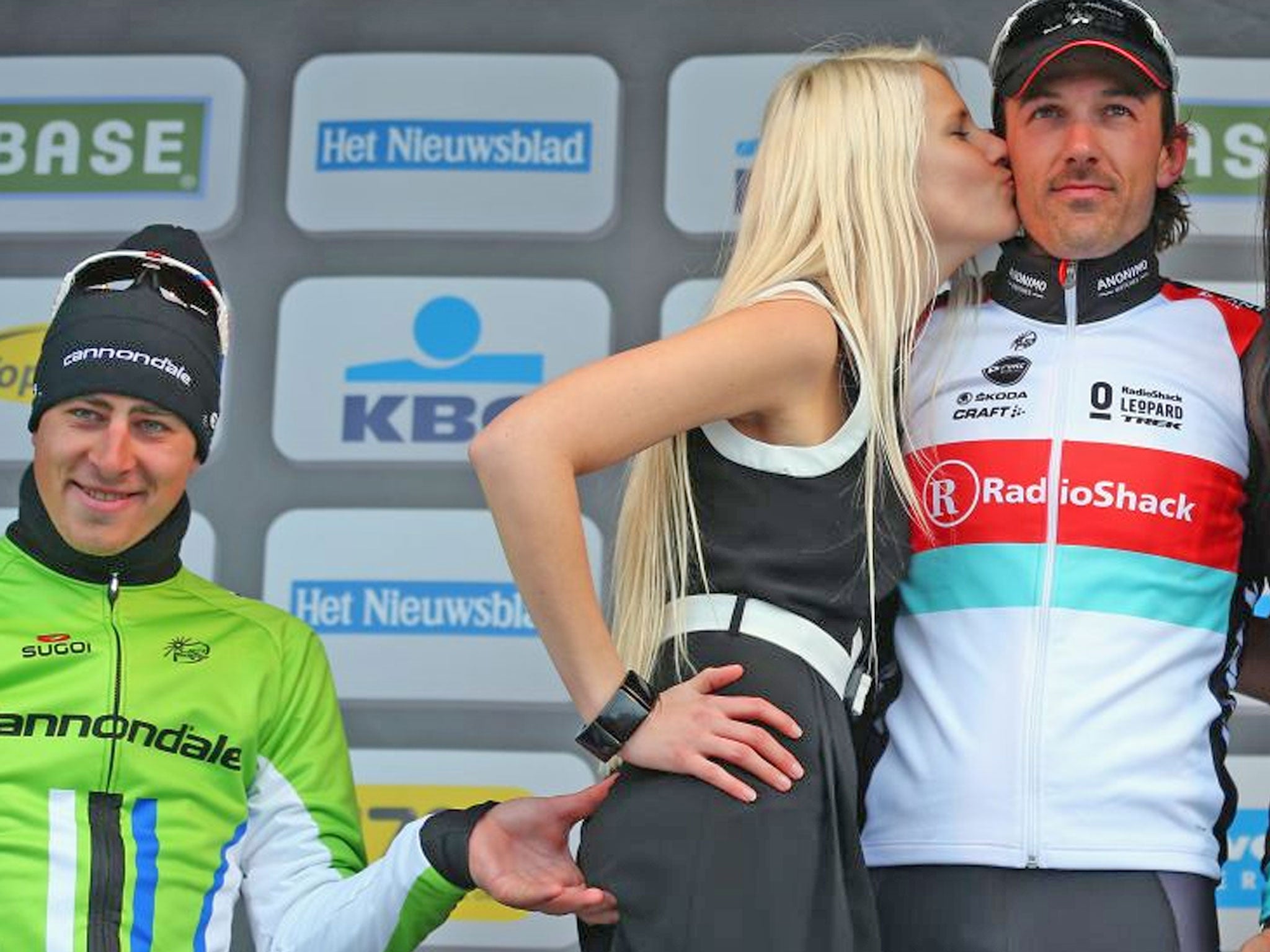 Slovakian cyclist Peter Sagan was caught pinching the bottom of a podium girl today