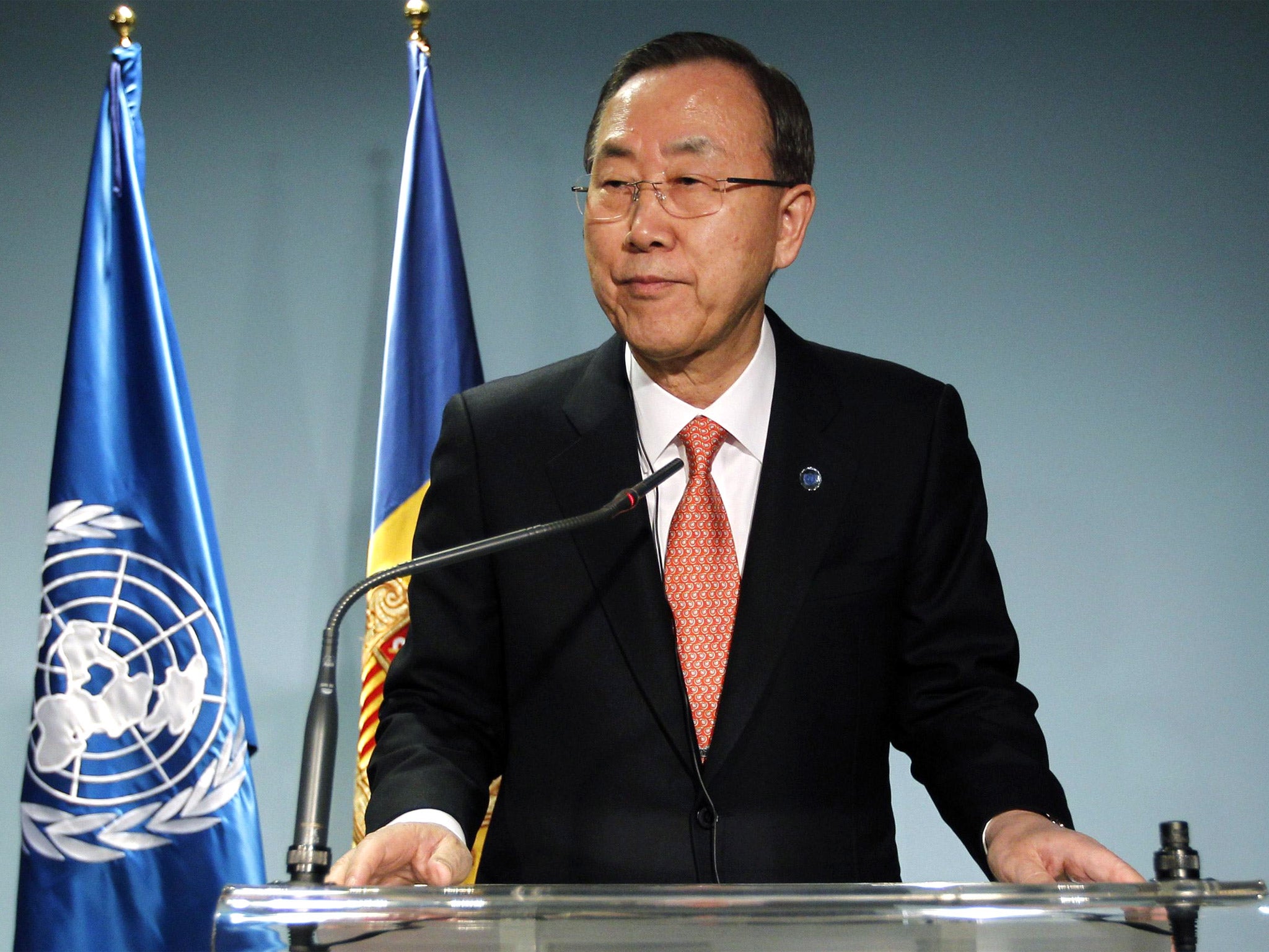United Nations Secretary-General Ban Ki-moon speaks during a news conference in Andorra