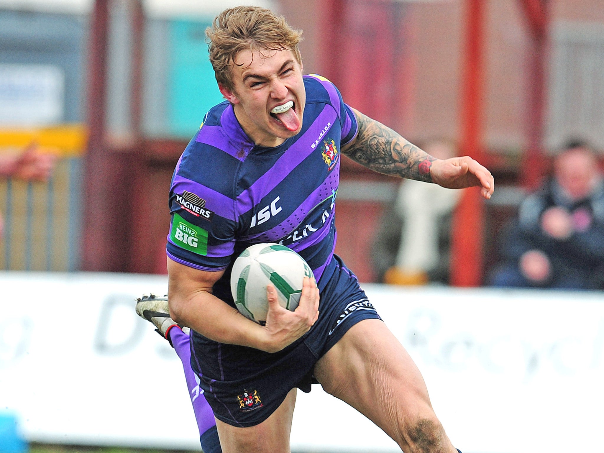 Sam Powell crosses for a score during Wigan’s 84-6 win over Hull KR