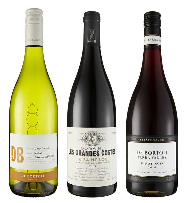 2012 DB De Bortoli Australian Chardonnay, 2009 Domaine Les Grandes Costes, Pic Saint Loup, 2010 Yarra Valley Estate Grown Pinot Noir, De Bortoli, Yarra Valley