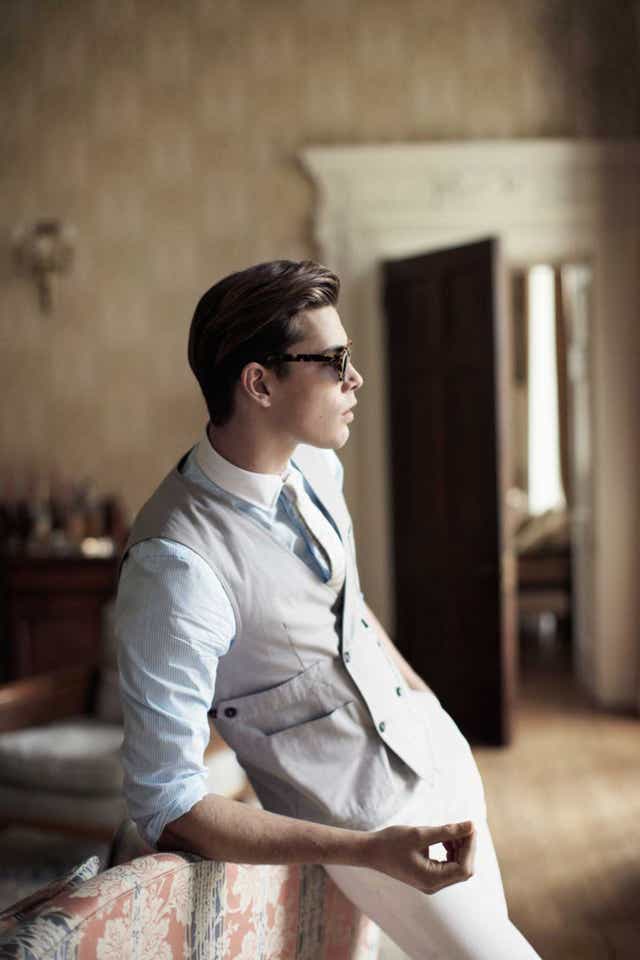 Cotton shirt, £135, by Richard James, mrporter.com; cotton waistcoat, £310, by Trussardi, from a selection at matchesfashion.com; Silk Tie, £100, by Valentino, valentino.com; sunglasses, £140, by Hentch Man, hentchman.com; trousers, £297, by Richard Nicoll, richardnicoll.com