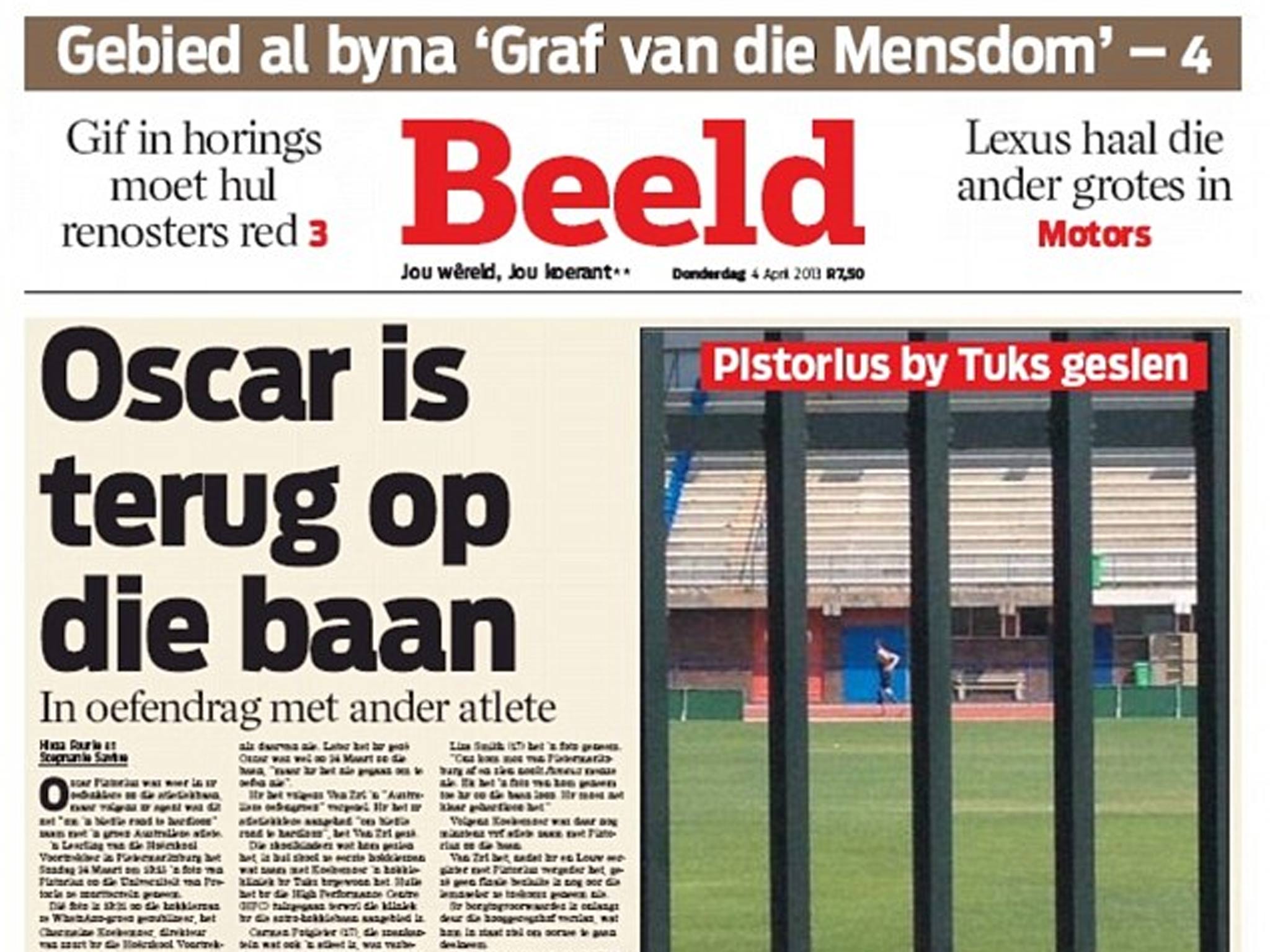 South African newspaper Beeld used the image on their front page