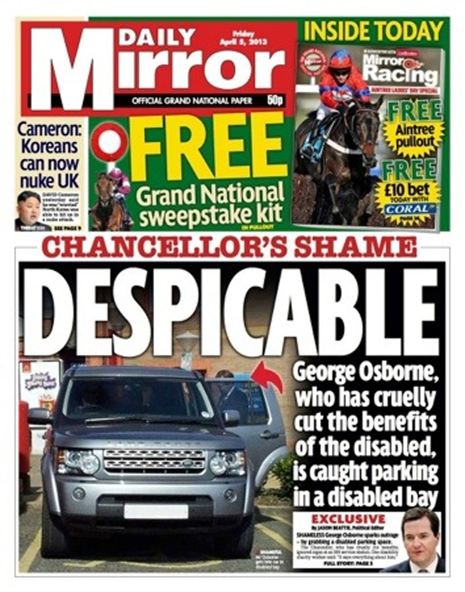 The front page of today's Mirror, showing George Osborne's car parked in a disabled bay at Magor services