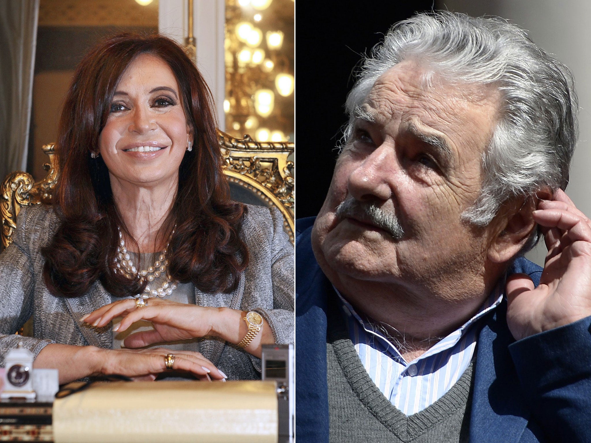 The Uruguayan president José Mujica (right) is embroiled in a diplomatic row today after he was reportedly caught referring to the Argentinian PM, Cristina Fernández (left), as an 'old hag'.