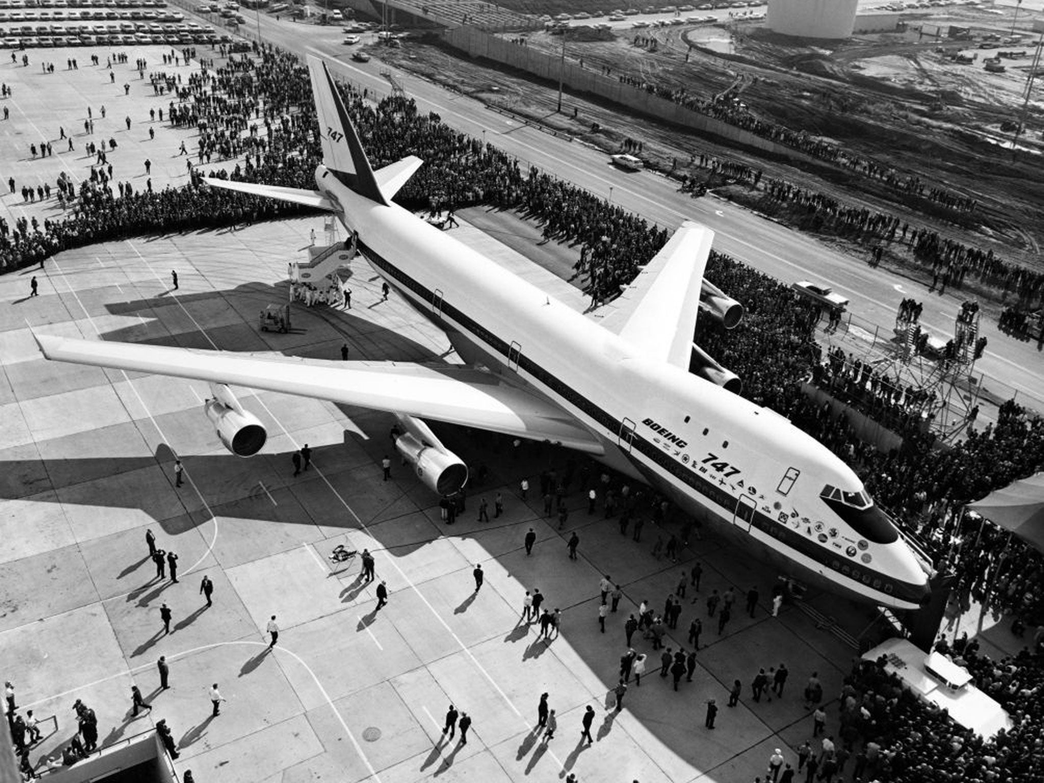 The first Boeing 747 rolls out of the Boeing plant in 1968
