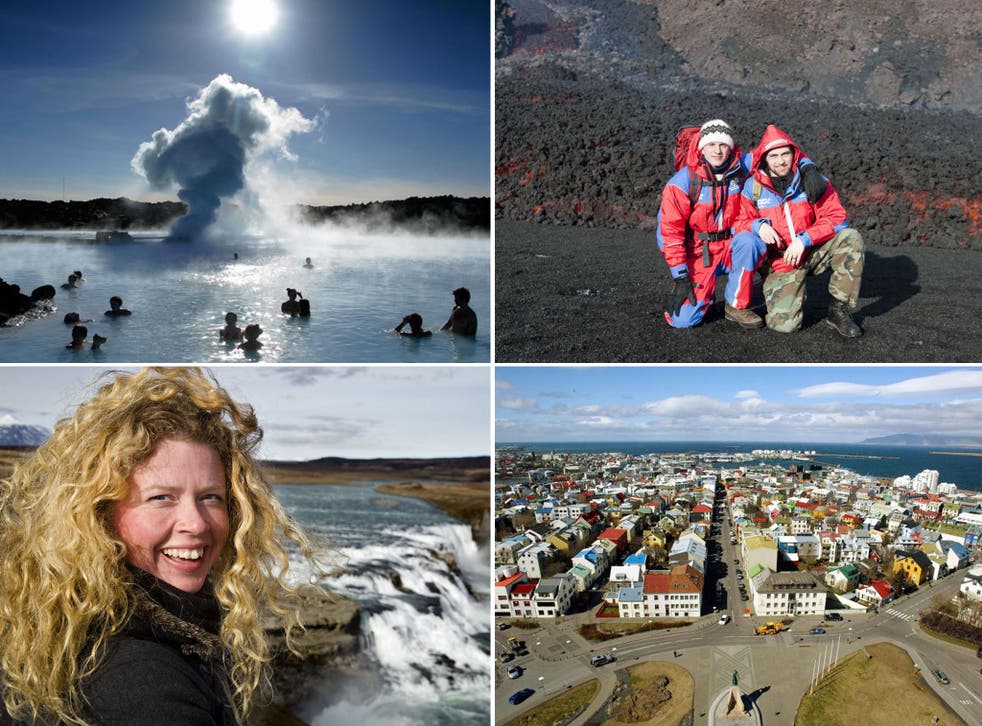 Clockwise from top left: the Blue Lagoon;  Fimmvorduhals volcano; Reykjavik; Gullfoss waterfall
