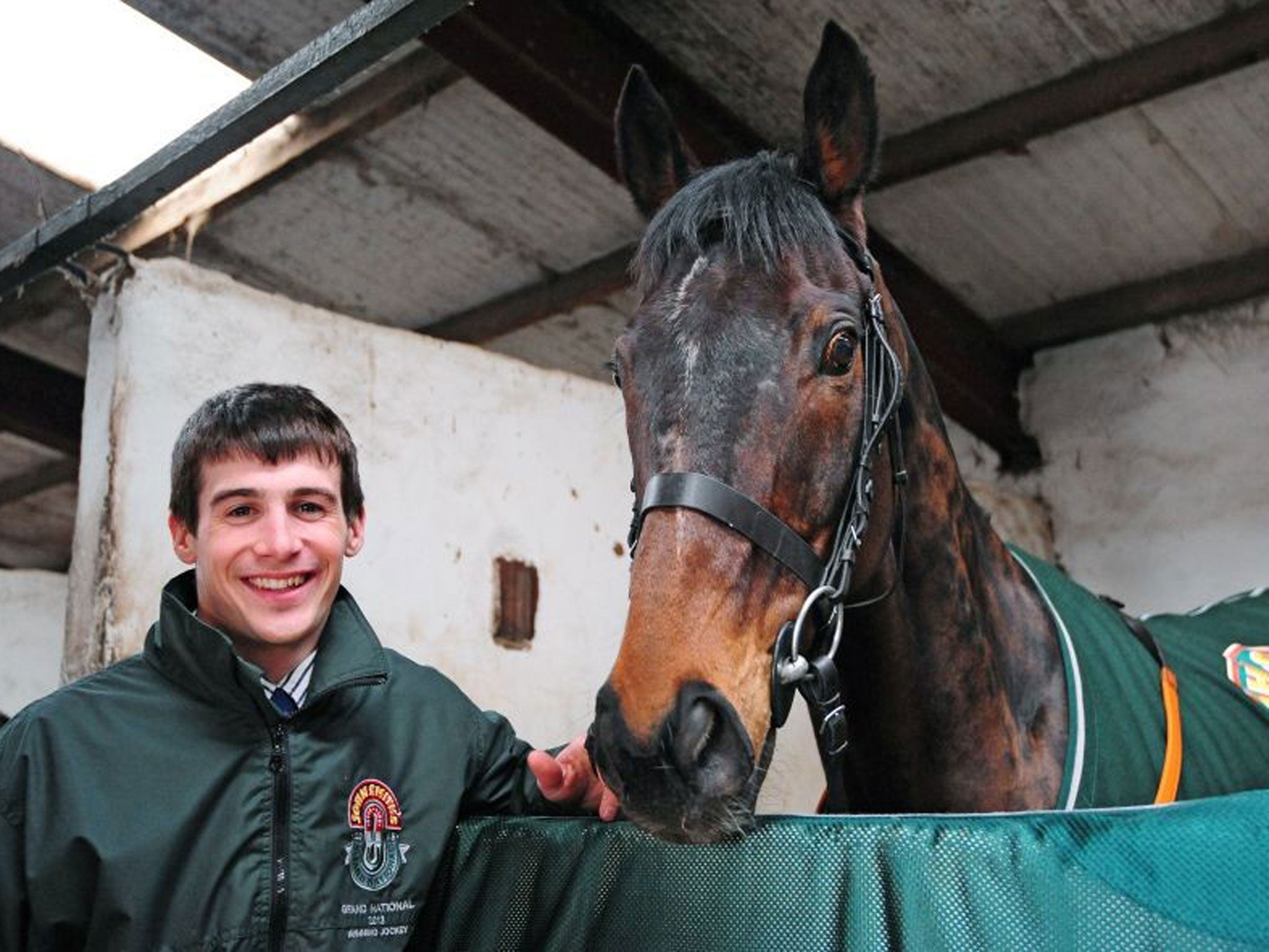 Auroras Encore in his stable with winning jockey Ryan Mania during the winners photocall at Craiglands Farm, Bingley