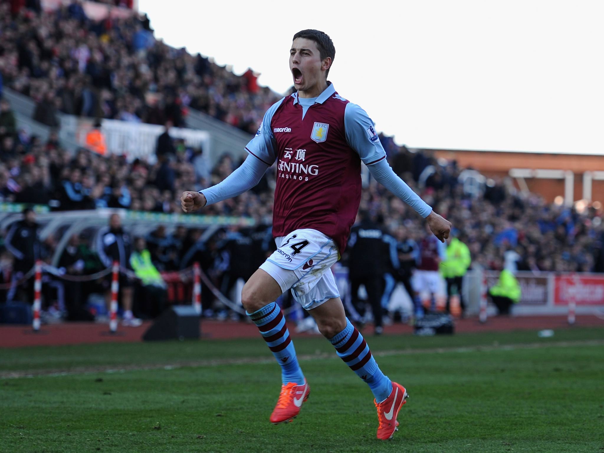 Matt Lowton celebrates after scoring a wonder goal for Aston Villa against Stoke