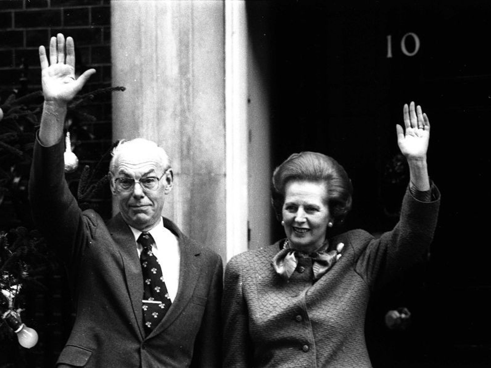 British Prime Minister Margaret Thatcher and husband Denis Thatcher outside 10 Downing Street