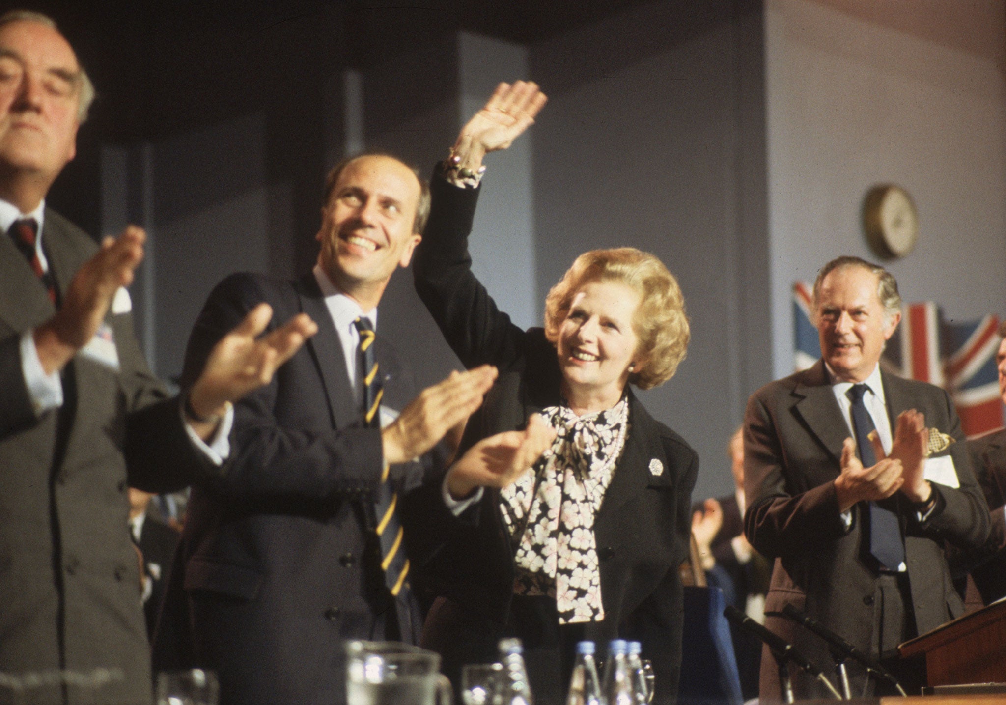 October 1985: Viscount Whitelaw, Norman Tebbit and Margaret Thatcher at the Conservative Party Conference in Blackpool