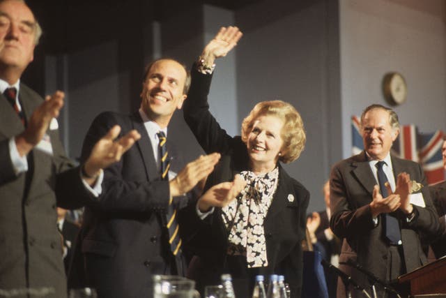 October 1985: Viscount Whitelaw, Norman Tebbit and Margaret Thatcher at the Conservative Party Conference in Blackpool