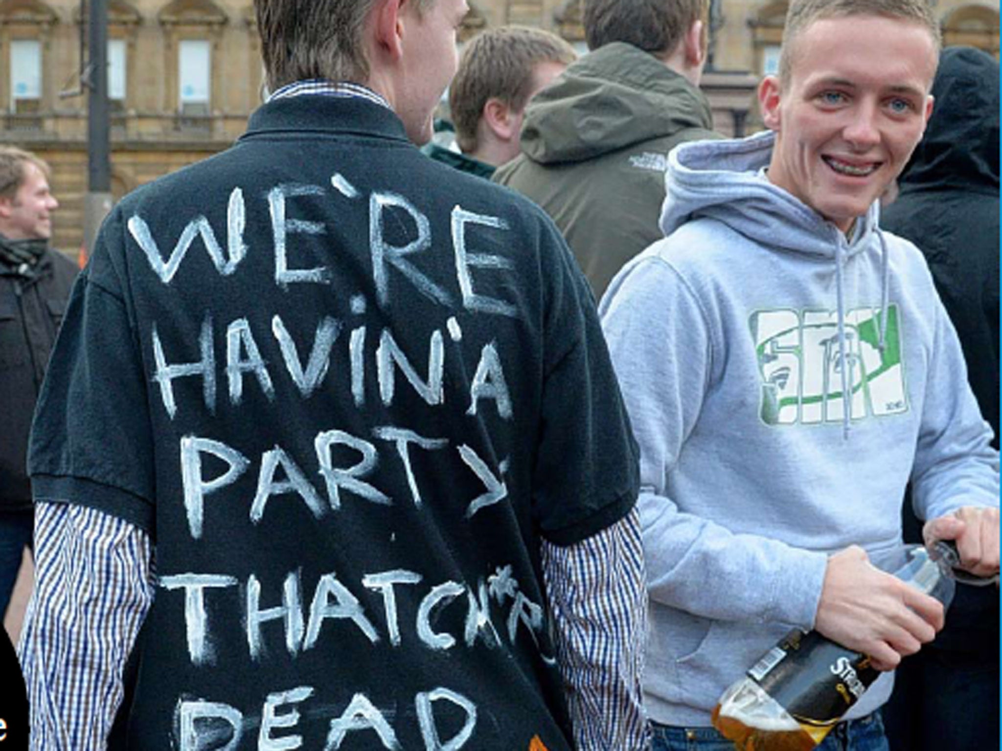A man displays his feelings about Lady Thatcher’s death at a
gathering in George Square, Glasgow