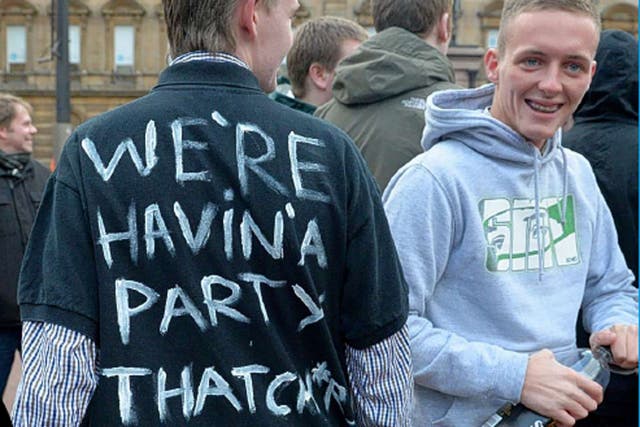 A man displays his feelings about Lady Thatcher’s death at a
gathering in George Square, Glasgow