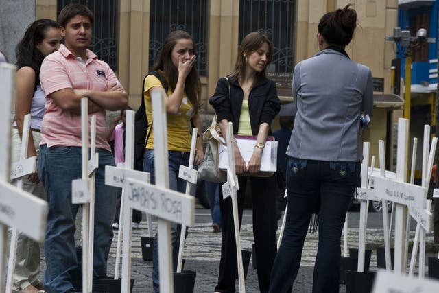 Crosses in front of the School of Law of the University of Sao Paulo in homage to the inmates dead at the Carandiru Penitentiary massacre