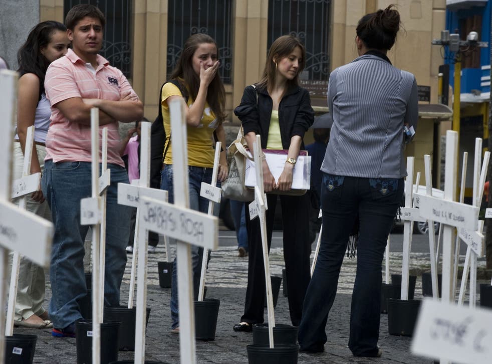 Crosses in front of the School of Law of the University of Sao Paulo in homage to the inmates dead at the Carandiru Penitentiary massacre