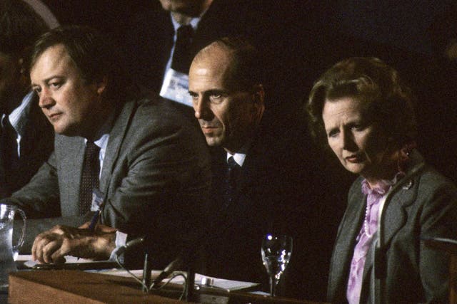 Ken Clarke (left) and Margaret Thatcher with Norman Tebbit at the 1985 Conservative Party conference in Blackpool