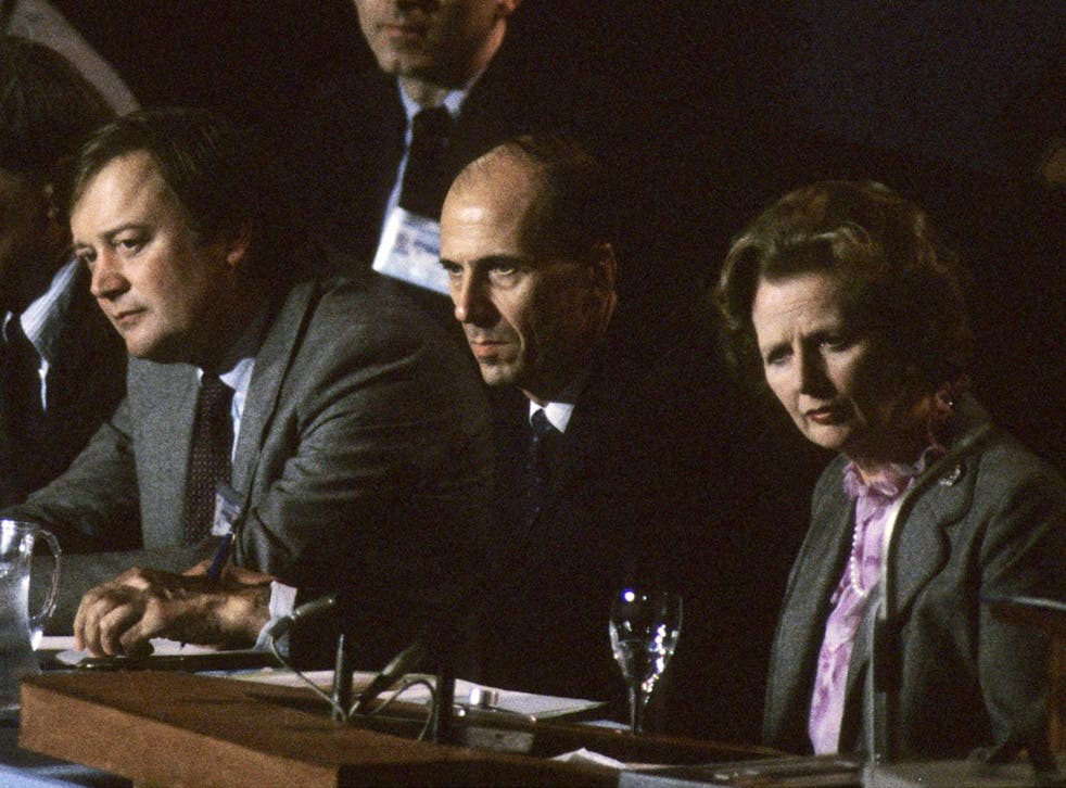 Ken Clarke (left) and Margaret Thatcher with Norman Tebbit at the 1985 Conservative Party conference in Blackpool