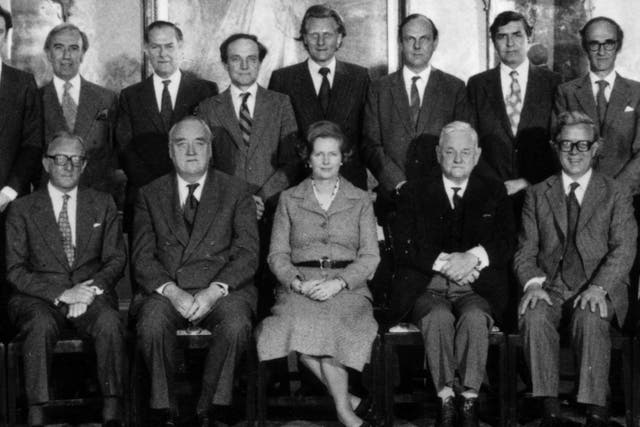 21st June 1979: British Prime Minister Margaret Thatcher sits with her new Cabinet at No 10 Downing Street in London. Left to right (standing): - David Howell, Energy Secretary; Norman St John Stevas, Chancellor of the Duchy of Lancaster; Humphrey Atkins, Northern Ireland Secretary; George Younger, Scottish Secretary; Michael Heseltine, Environment Secretary; Nicholas Edwards, Welsh Secretary; Patrick Jenkin, Social Services Secretary; John Nott, Trade Secretary. Left to right (seated): -  Lord Carrington, Foreign Secretary and Overseas Development; William Whitelaw, Home Secretary; Margaret Thatcher, Prime Minister; Lord Hailsham, Lord Chancellor; Sir Geoffrey Howe, Chancellor of the Exchequer