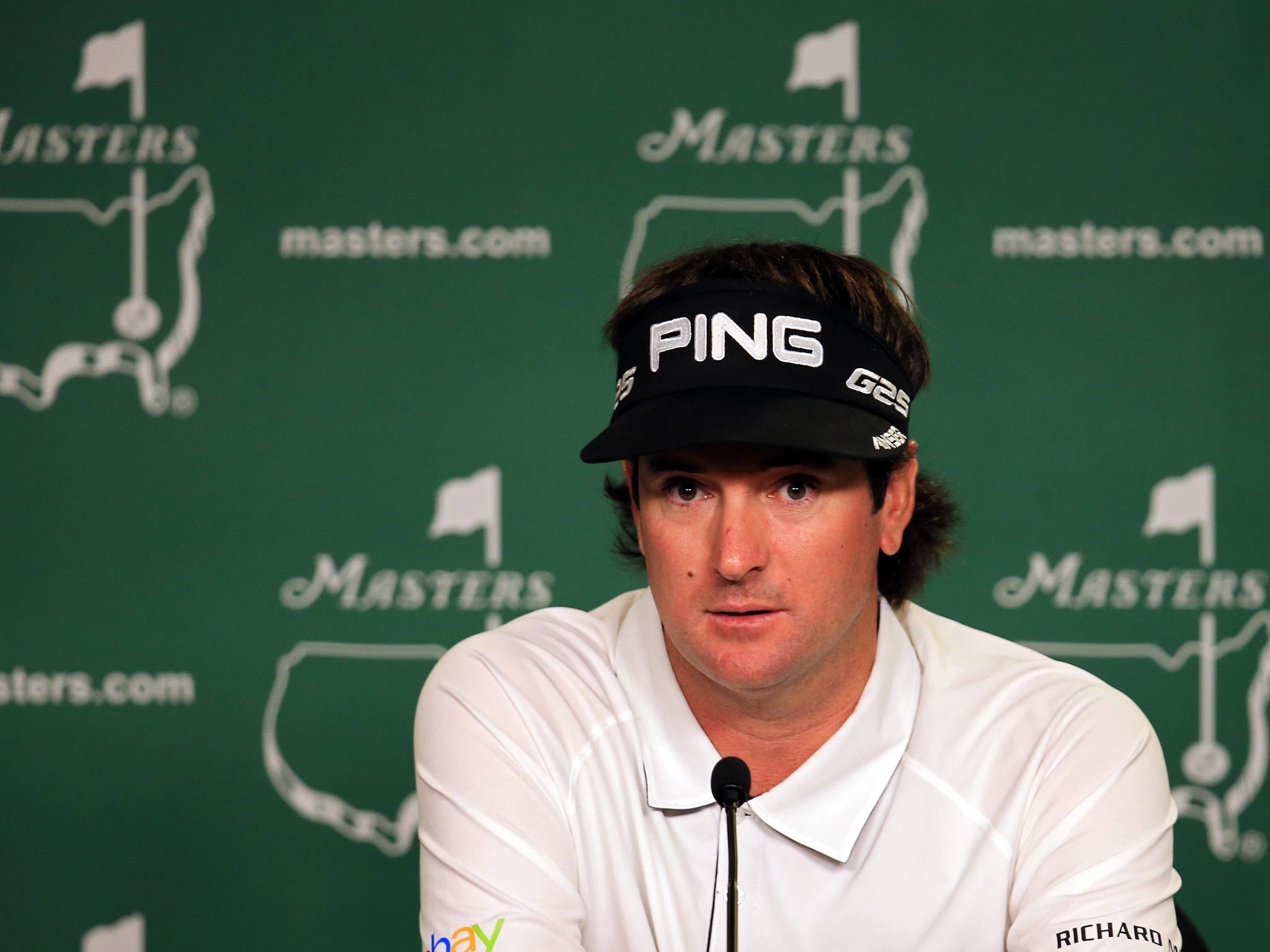 Bubba Watson of the United States speaks to the media