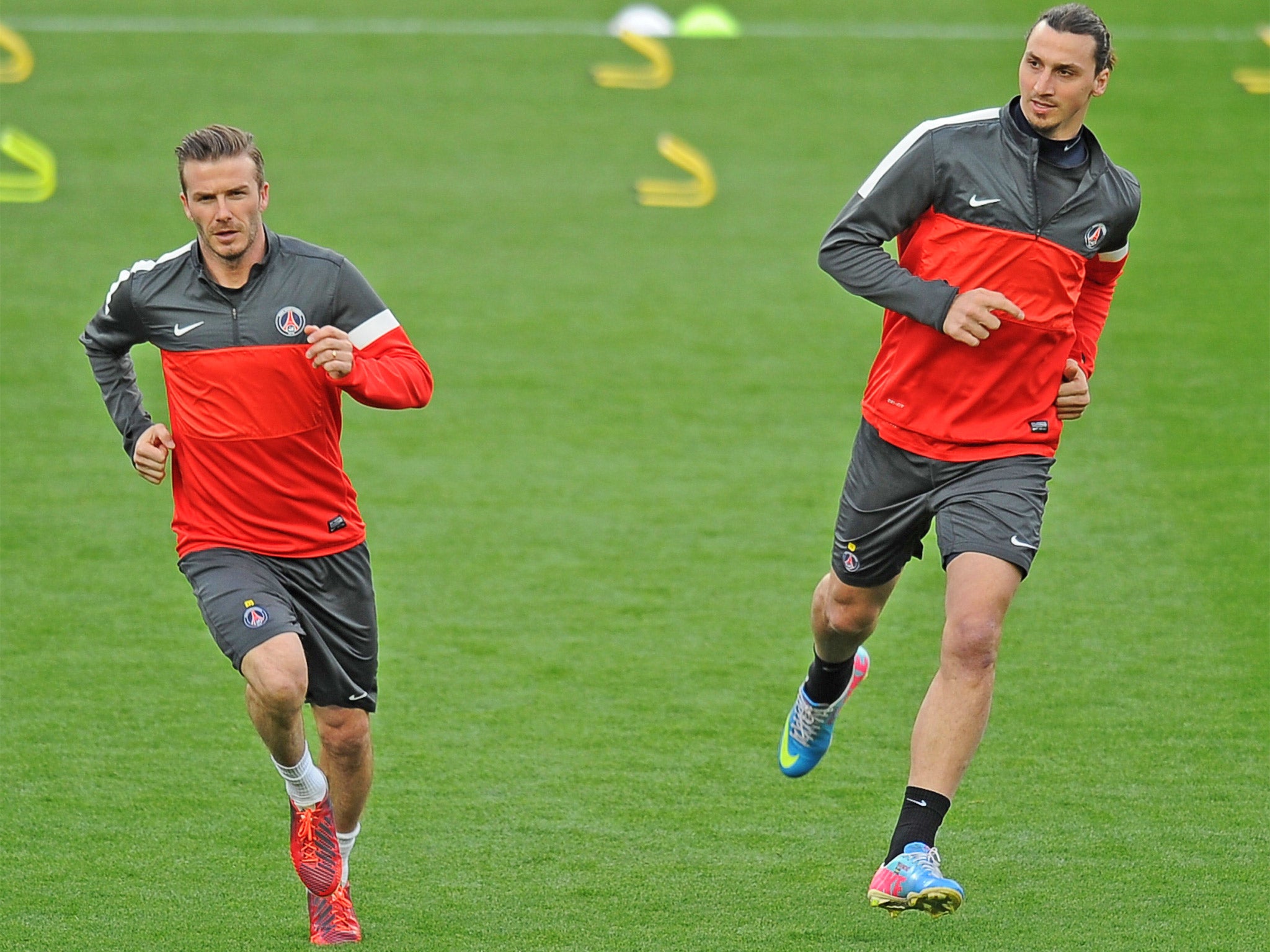 Beckham with PSG's main man, Zlatan Ibrahimovic, during Tuesday's training session
