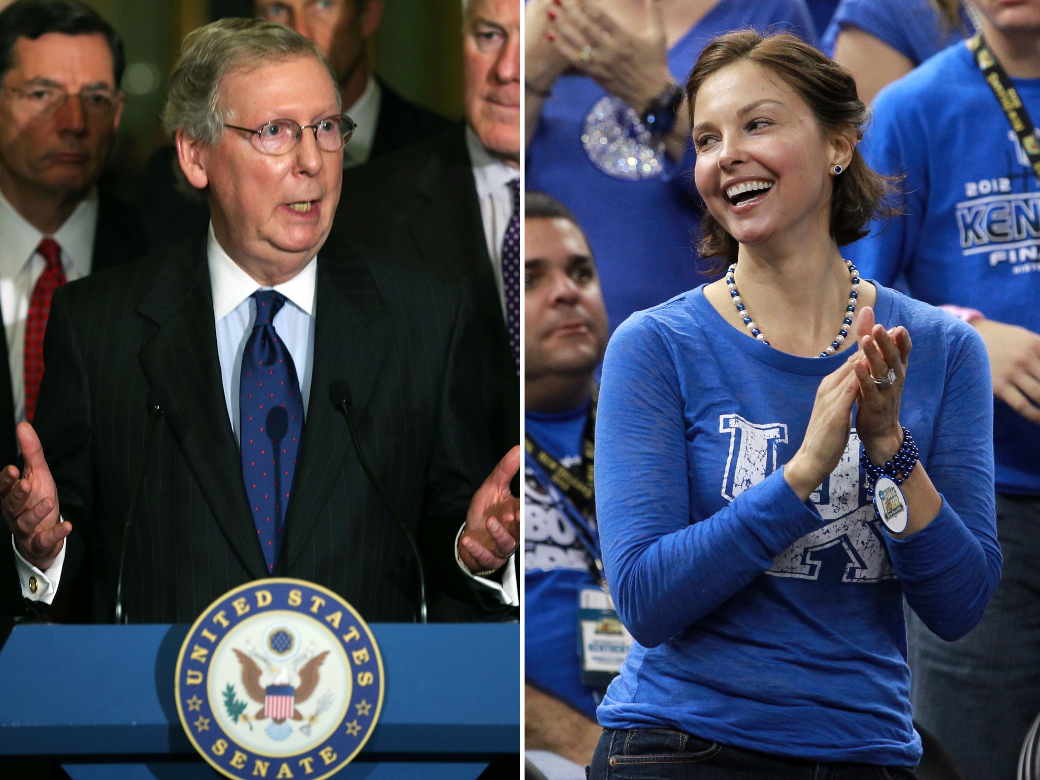 Mitch McConnell addressing the media yesterday and Ashley Judd at a Kentucky Wildcats game last month