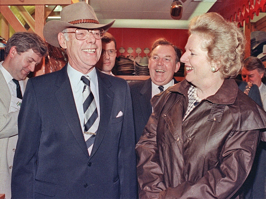Mrs Thatcher and husband Denis in Perth, Australia, in 1988